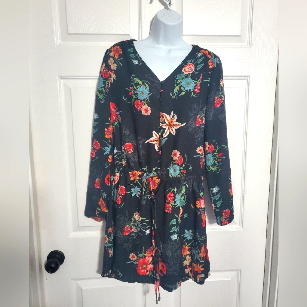 : fleur bleve black floral design button front Drawstring tunic dress top sz 8